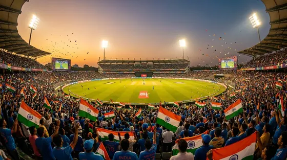 Packed cricket stadium during an India match with fans waving flags